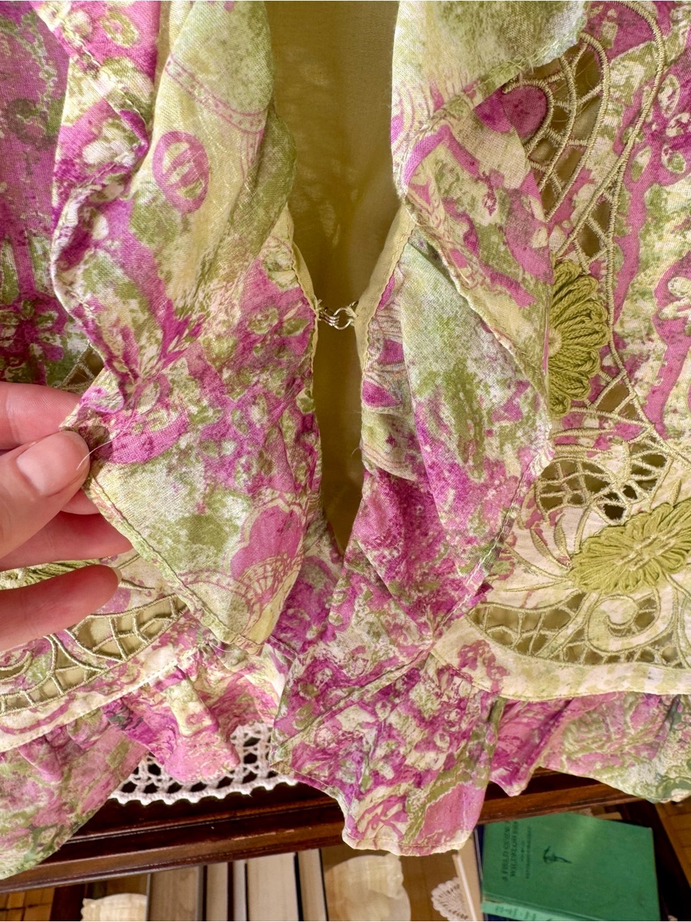 Vintage City Girl Nancy Bolen Pink Green Silk Blend Ruffle Blazer L - Picture 4 of 6